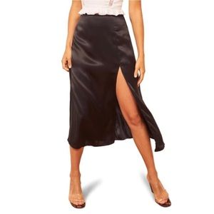 Reformation Pigalle Front Slit Satin Skirt | Black